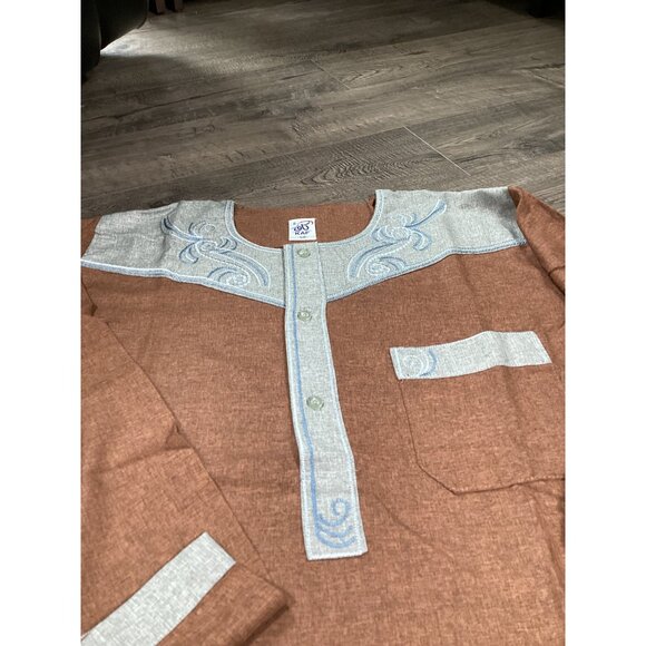 Brown KAF Mens Traditional Thobe & Pants Set With Embroidered Details Size 58 - Picture 3 of 11